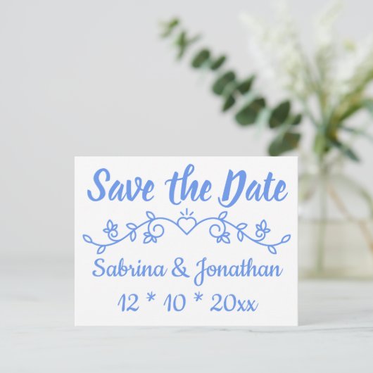 Blumenblauer Save the Date Hochzeitsslima Verlobun Postkarte (Stehend Vorderseite)
