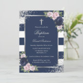 Blumenblauer Silberkreuz Elegante Taufe Einladung (Stehend Vorderseite)