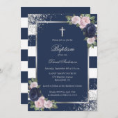 Blumenblauer Silberkreuz Elegante Taufe Einladung (Vorne/Hinten)