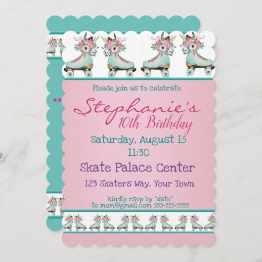 Blumenblauer Skate Geburtstagsparty Einladung (Vorne/Hinten)