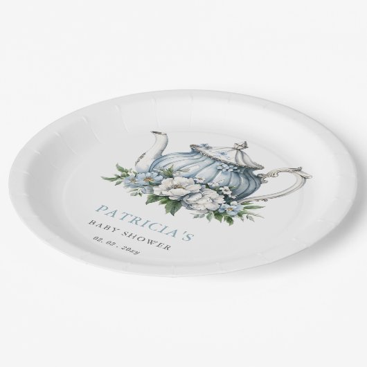 Blumenblauer Tee Party Kinderdusche Pappteller (Schrägansicht)