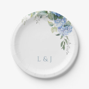 Blumenblauer und weißer Hydrangea-Event Hochzeit Pappteller