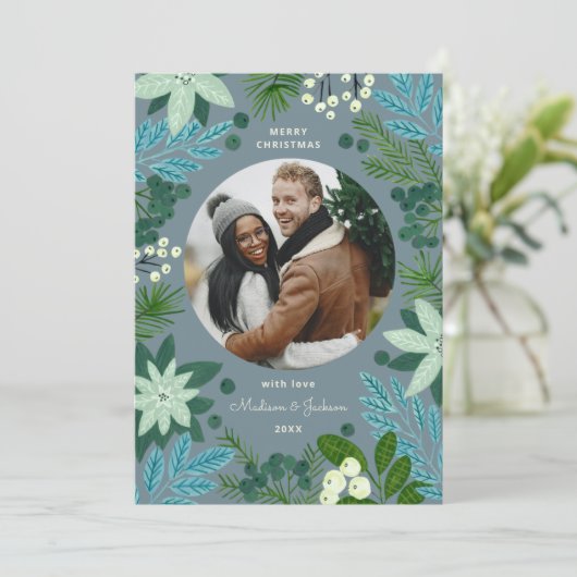 Blumenblauer Weihnachtskarten Foto Feiertagskarte (Stehend Vorderseite)