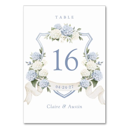 Blumenblauer Weißer Hydrangea Wappen Tischnummer (Rückseite)