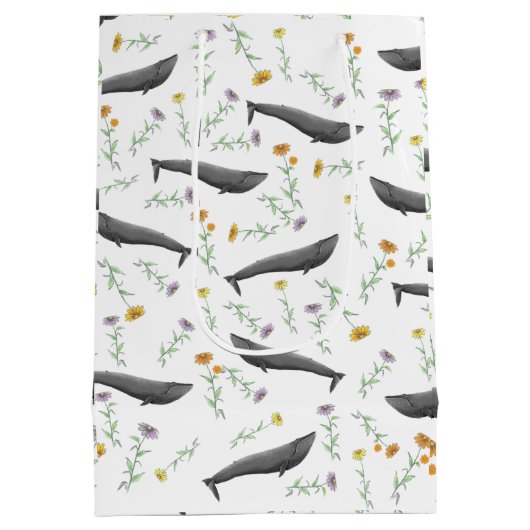 Blumenblauer Whale Frühjahr Illustrationsmuster Mittlere Geschenktüte (Rückseite)