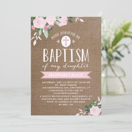 Blumenbloms Burlap Pink | Tauflanung Einladung (Stehend Vorderseite)
