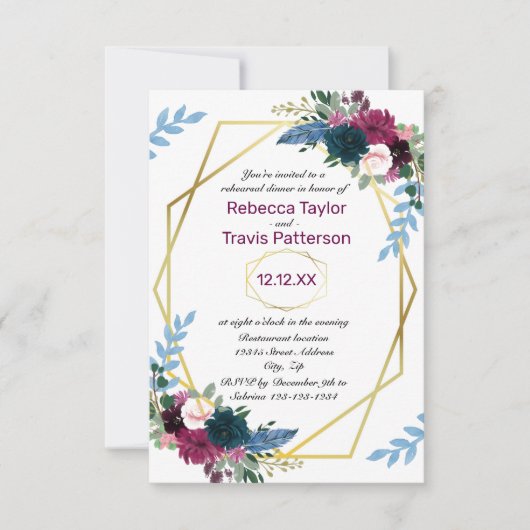 Blumenbloms Mod Plum V - 3x5 Probe Abendessen Einladung (Vorderseite)