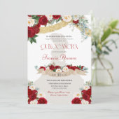 Blumenbloms Red & White Gold Charro Quinceañera Einladung (Stehend Vorderseite)