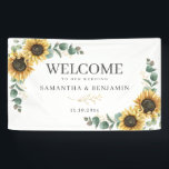Blumenblume Eukalyptus Script Hochzeit Begrüßung Banner<br><div class="desc">Sonnenblume Eukalyptus Skript Hochzeit Begrüßungsbanner. Diese niedliche Vorlage mit einem wunderschönen rustikalen Blumenstrauß und moderner Typografie lässt sich leicht an Ihren Hochzeitstag anpassen. Fügen Sie ein Datum und Namen des Paares hinzu, indem Sie auf den Button "Personalisieren" klicken. TIPP: Save the Date, Einladung, Dankkarten und andere Hochzeitsgeschenke, Favoriten, Schilder und...</div>