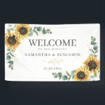 Blumenblume Eukalyptus Script Hochzeit Begrüßung Banner<br><div class="desc">Sonnenblume Eukalyptus Skript Hochzeit Begrüßungsbanner. Diese niedliche Vorlage mit einem wunderschönen rustikalen Blumenstrauß und moderner Typografie lässt sich leicht an Ihren Hochzeitstag anpassen. Fügen Sie ein Datum und Namen des Paares hinzu, indem Sie auf den Button "Personalisieren" klicken. TIPP: Save the Date, Einladung, Dankkarten und andere Hochzeitsgeschenke, Favoriten, Schilder und...</div>