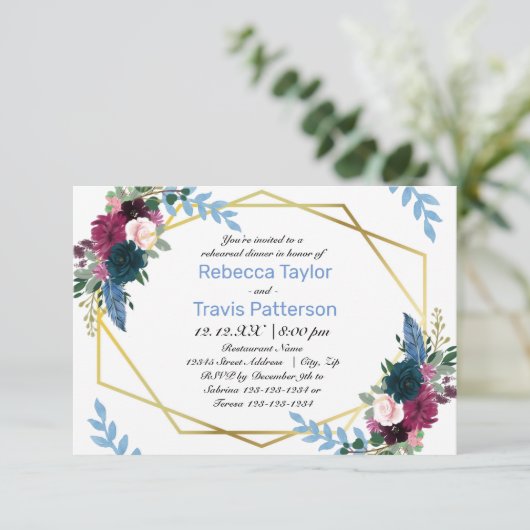 Blumenblumen Mod Blue - 3 x 5 Proben Abendessen Einladung (Stehend Vorderseite)