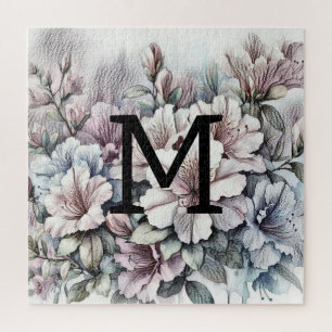 Blumenblumen zeichnend Monogramm rosa blaue Azalee Puzzle