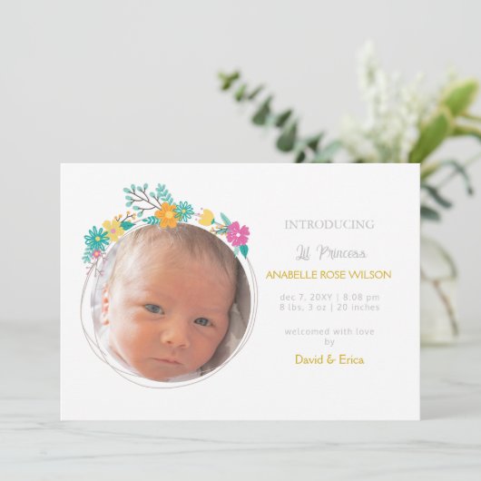 Blumenblüten Niedliches Girl Foto Geburtserklärung Ankündigung (Stehend Vorderseite)