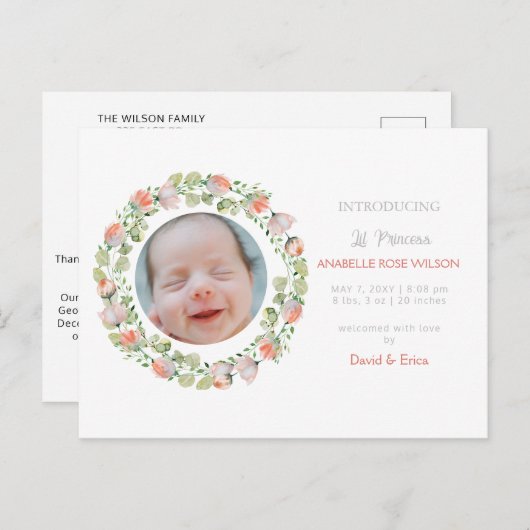 Blumenblüten Niedliches Girl Foto Geburtserklärung Ankündigungspostkarte (Vorne/Hinten)