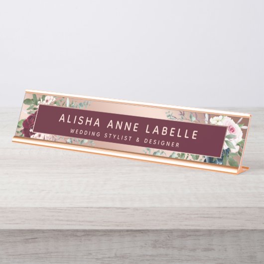 Blumenblüten Rose Gold & Burgund Schreibtischnamensplakette (Vorderseite )