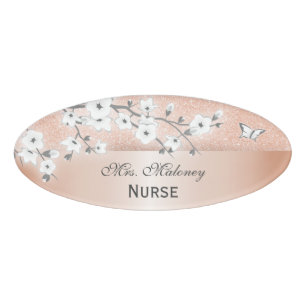 Blumenblüten Rose Gold Glitzer Weiß Namenschild