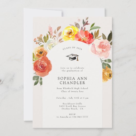 Blumenblütenbogen-Abschluss mit Zitat-Foto Einladung (Vorderseite)