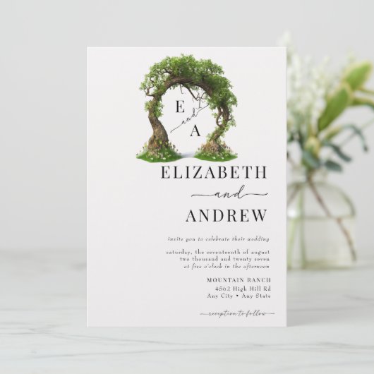 Blumenbogen | Baumhochzeit Einladung (Stehend Vorderseite)