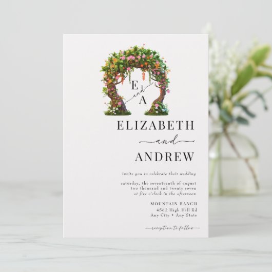 Blumenbogen | Baumhochzeit Einladung (Stehend Vorderseite)
