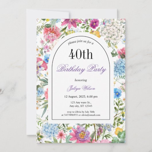 Blumenbogen Rahmen 40. Geburtstag Einladung (Vorderseite)