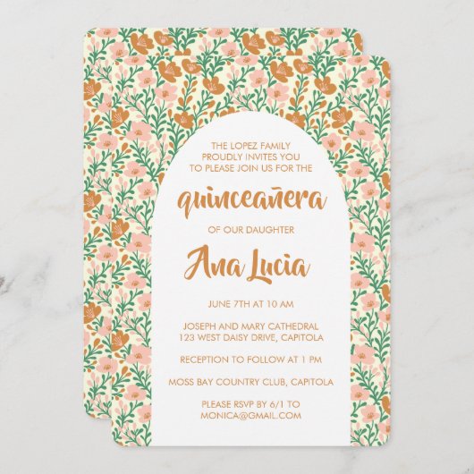 Blumenbogen Rosa Blume Muster CUSTOM Quinceañera Einladung (Vorne/Hinten)