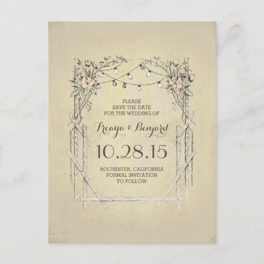 Blumenbogen Vintag rustikal Save the Date Ankündigungspostkarte (Vorderseite)