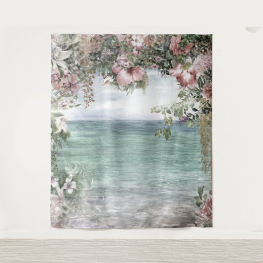 Blumenbogen zum Meer Hochzeitsfeier Wandteppich (Vorderseite)