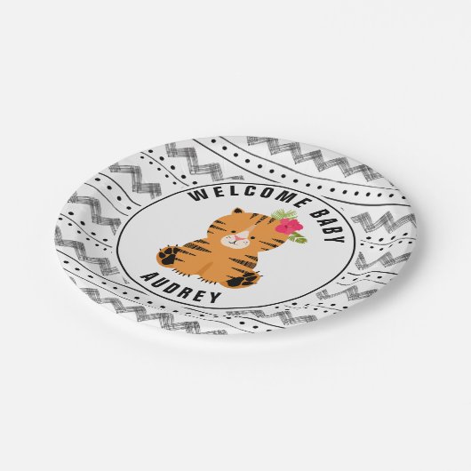 BlumenBoho Tiger-Schwarzweiss-Babyparty Pappteller (Schrägansicht)