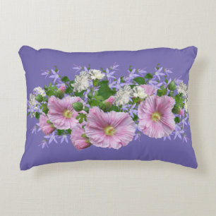 Blumenborder Hollyhocks auf Periwinkle Hintergrund Dekokissen