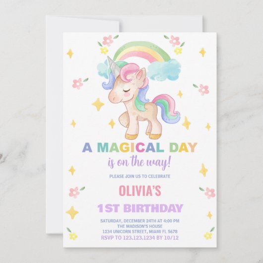 Blumenbows Unicorn Einladung zum Geburtstag (Vorderseite)