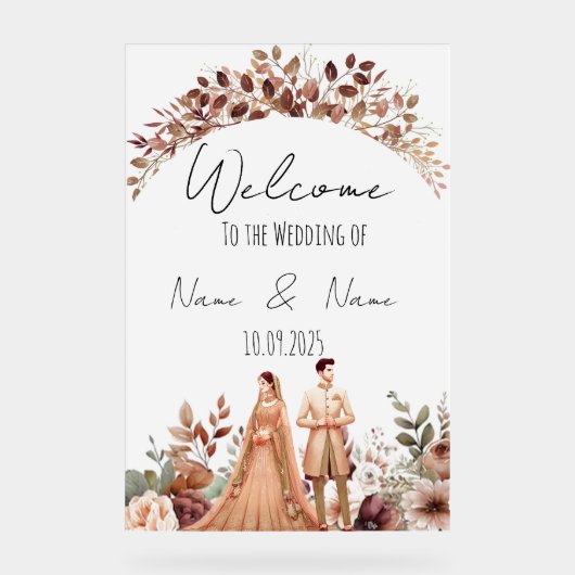 Blumenbraun-Hochzeitszeichen Acrylschild (Vorderseite)