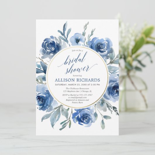 BlumenBrautparty des eleganten blauen Wreath Einladung (Stehend Vorderseite)