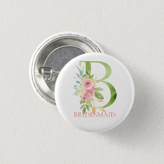 Blumenbrief B Wasserfarben Bridesmaid Button (Vorne & Hinten)