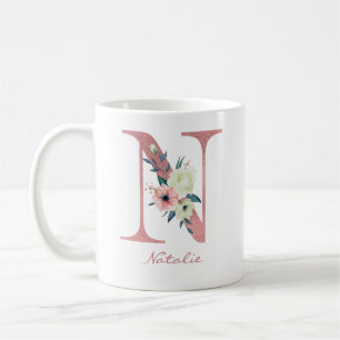 Blumenbrief N Initiale - Rosa und Elfenbeinblumens Kaffeetasse