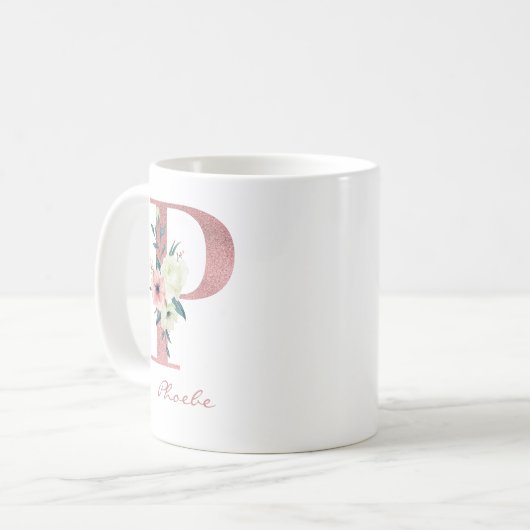 Blumenbrief P Initial - Rosa und Elfenbein Bouquet Kaffeetasse (Vorderseite Links)