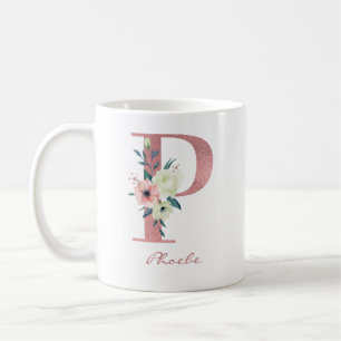 Blumenbrief P Initiale - rosa und elfenbeinfarbene Kaffeetasse