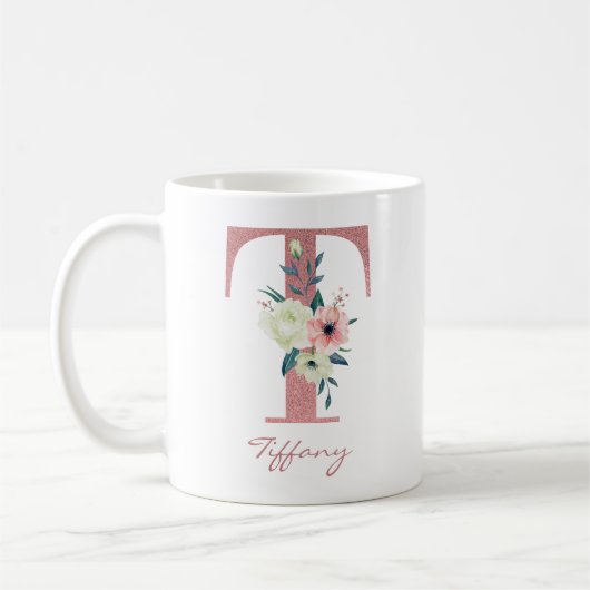 Blumenbrief T Initial - Rosa und Elfenbein Bouquet Kaffeetasse (Links)