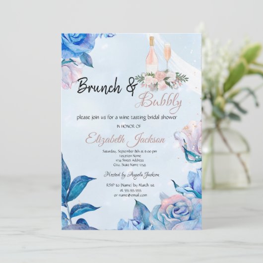 BlumenBrunch & Bubbly Blue Brautparty Einladung (Stehend Vorderseite)