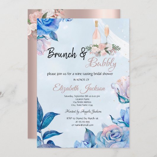 BlumenBrunch & Bubbly Blue Brautparty Einladung (Vorne/Hinten)