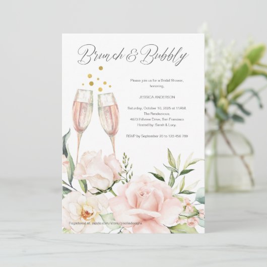 Blumenbrunch mit blubbly blush pink chic mimosa einladung (Stehend Vorderseite)