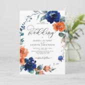 Blumenbrurnt Orange Navy Rust Watercolor Hochzeit Einladung (Stehend Vorderseite)