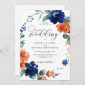 Blumenbrurnt Orange Navy Rust Watercolor Hochzeit Einladung (Vorne/Hinten)