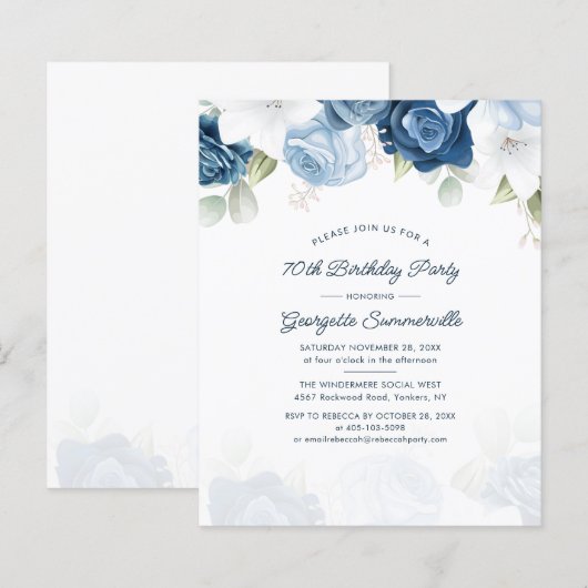 Blumenbudget 70. Geburtstag Dusty Blue Party (Vorne/Hinten)