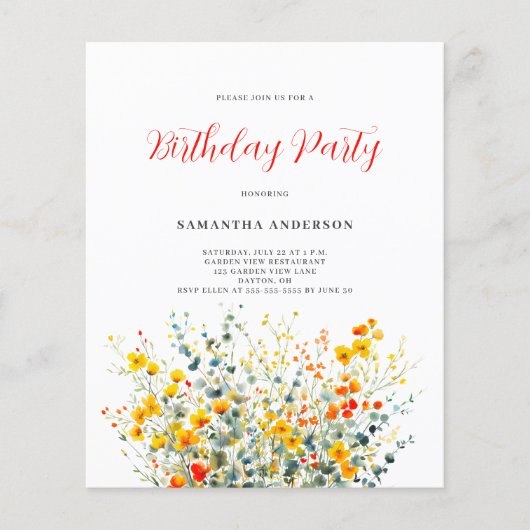Blumenbudget Geburtstagseinladung zur Wildblume Flyer (Vorne)