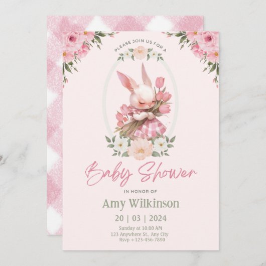 Blumenbunny Babydusche Einladung Preppy (Vorne/Hinten)