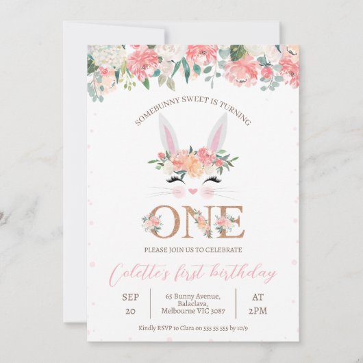 Blumenbunny Face 1. Geburtstag Einladung (Vorderseite)