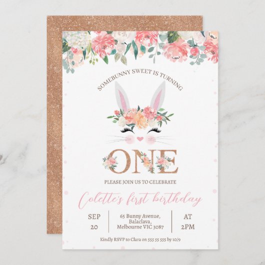 Blumenbunny Face 1. Geburtstag Einladung (Vorne/Hinten)