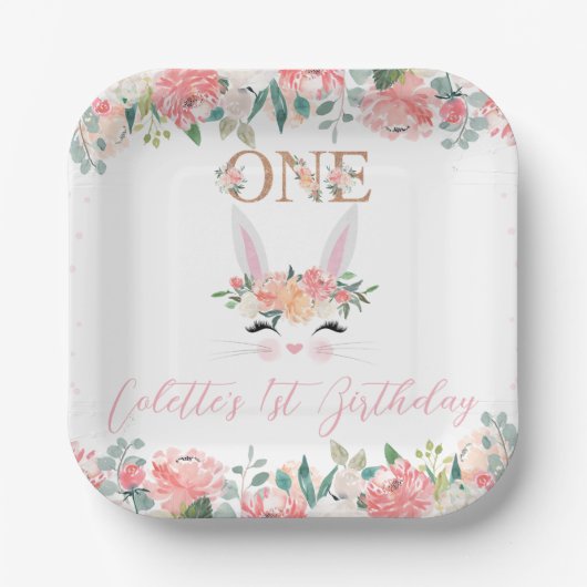 Blumenbunny Face 1. Geburtstag Pappteller (Vorderseite)