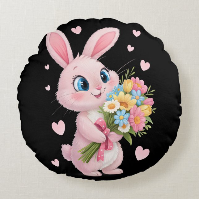 "Blumenbunny Joy - Adorable Decorative Rundes Kissen (Vorderseite)