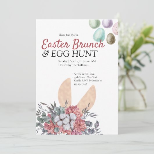 Blumenbunny Ostern Brunch Ei Hunt Einladung (Stehend Vorderseite)